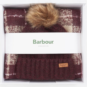 Barbour Beanie and Tartan Scarf Gift Set in Maroon Carbernet LGS0077PU51