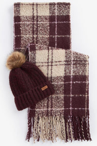 Barbour Beanie and Tartan Scarf Gift Set in Maroon Carbernet LGS0077PU51 Boxed