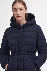 Barbour Clarence Puffer Ladies long coat in Navy LQU1773NY95 hood