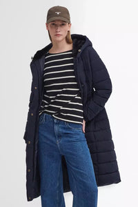 Barbour Clarence Puffer Ladies long coat in Navy LQU1773NY95 style