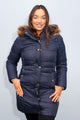 Barbour Quilted Jacket-Caldbeck-Navy- With Fur Hood-LQU1080NY71 shut