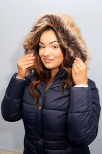 Barbour Quilted Jacket-Caldbeck-Navy- With Fur Hood-LQU1080NY71 quilt